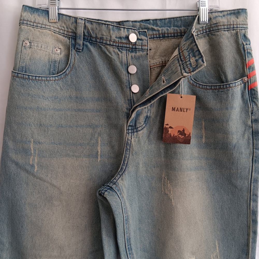 Manly Distressed Jeans Mens Medium Light Blue NWT Button Fly Straight Leg Denim